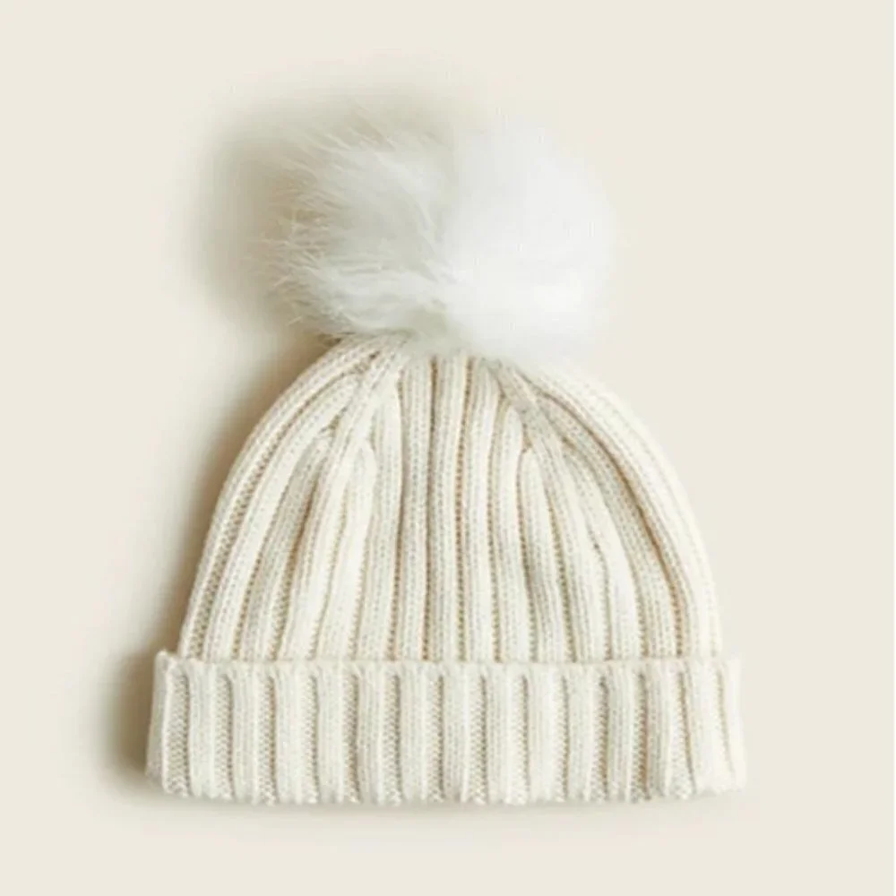 NEW J. Crew Ivory Ribbed Pom Pom Beanie Hat